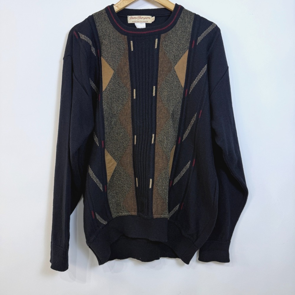 Norm Thompson‎ Wool Blend Textured Knit Sweater Mens XL Black Brown Geometric